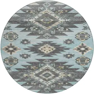 Photo of 8' Teal Blue And Charcoal Round Tribal Washable Indoor Outdoor Area Rug