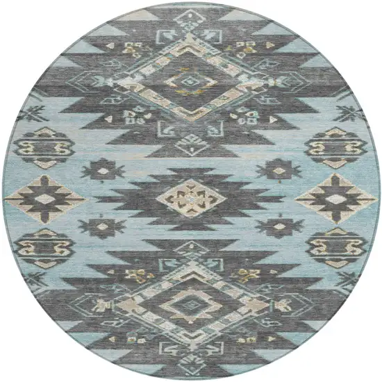 8' Teal Blue And Charcoal Round Tribal Washable Indoor Outdoor Area Rug Photo 1
