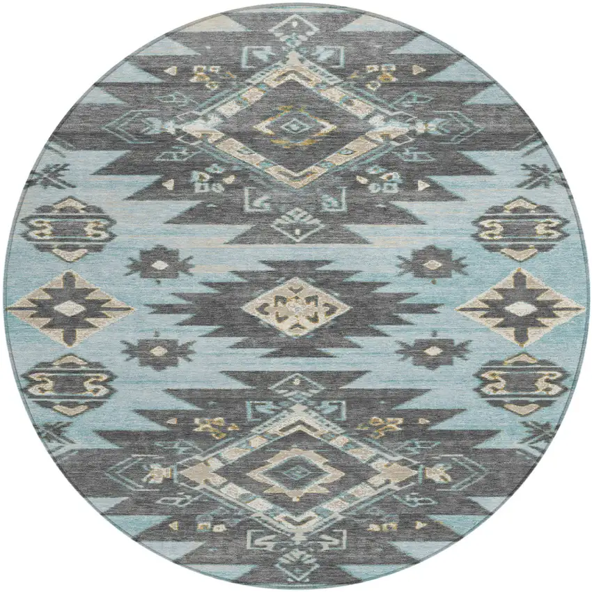 8' Teal Blue And Charcoal Round Tribal Washable Indoor Outdoor Area Rug Photo 1