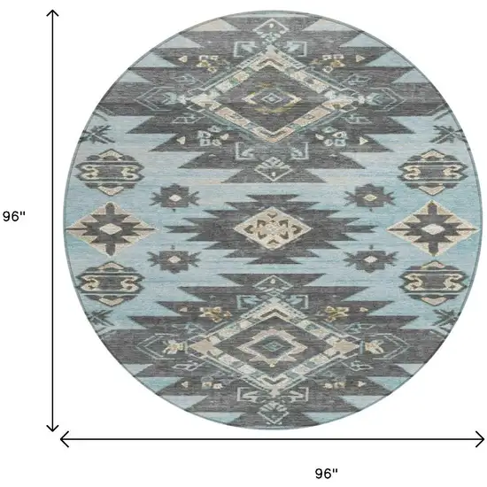 8' Teal Blue And Charcoal Round Tribal Washable Indoor Outdoor Area Rug Photo 9