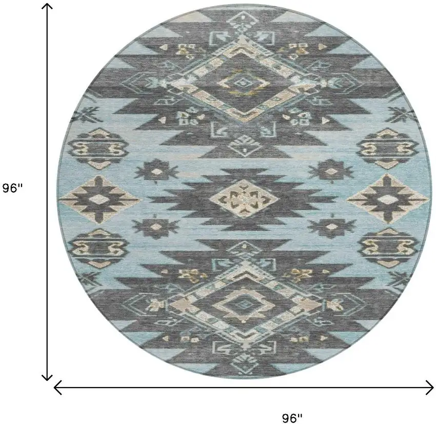 8' Teal Blue And Charcoal Round Tribal Washable Indoor Outdoor Area Rug Photo 9