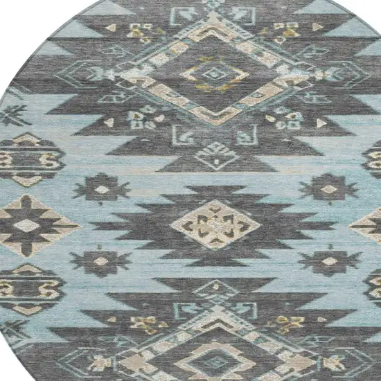 8' Teal Blue And Charcoal Round Tribal Washable Indoor Outdoor Area Rug Photo 4