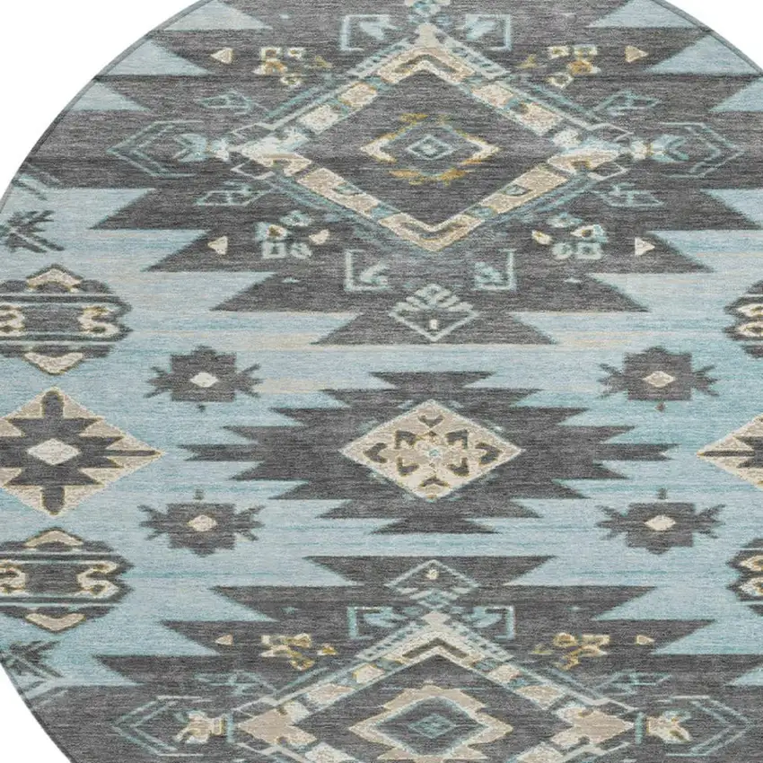 8' Teal Blue And Charcoal Round Tribal Washable Indoor Outdoor Area Rug Photo 4