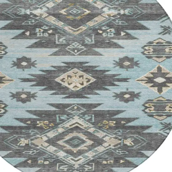 8' Teal Blue And Charcoal Round Tribal Washable Indoor Outdoor Area Rug Photo 8
