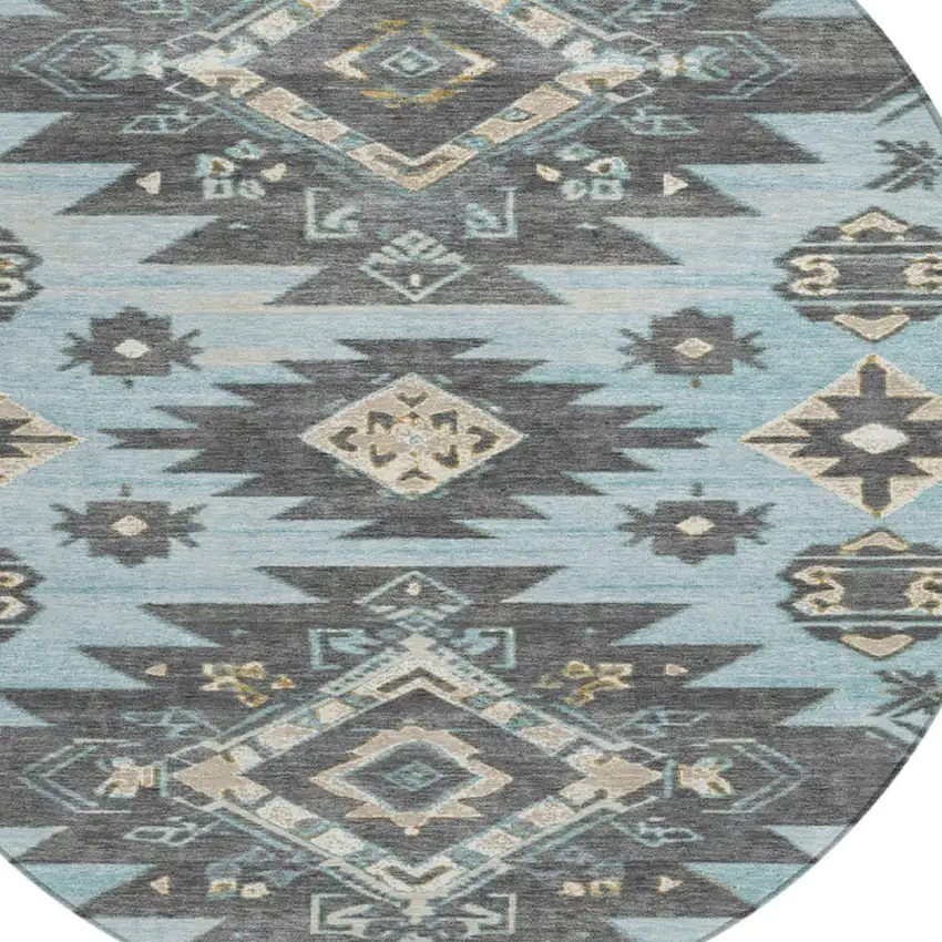 8' Teal Blue And Charcoal Round Tribal Washable Indoor Outdoor Area Rug Photo 8