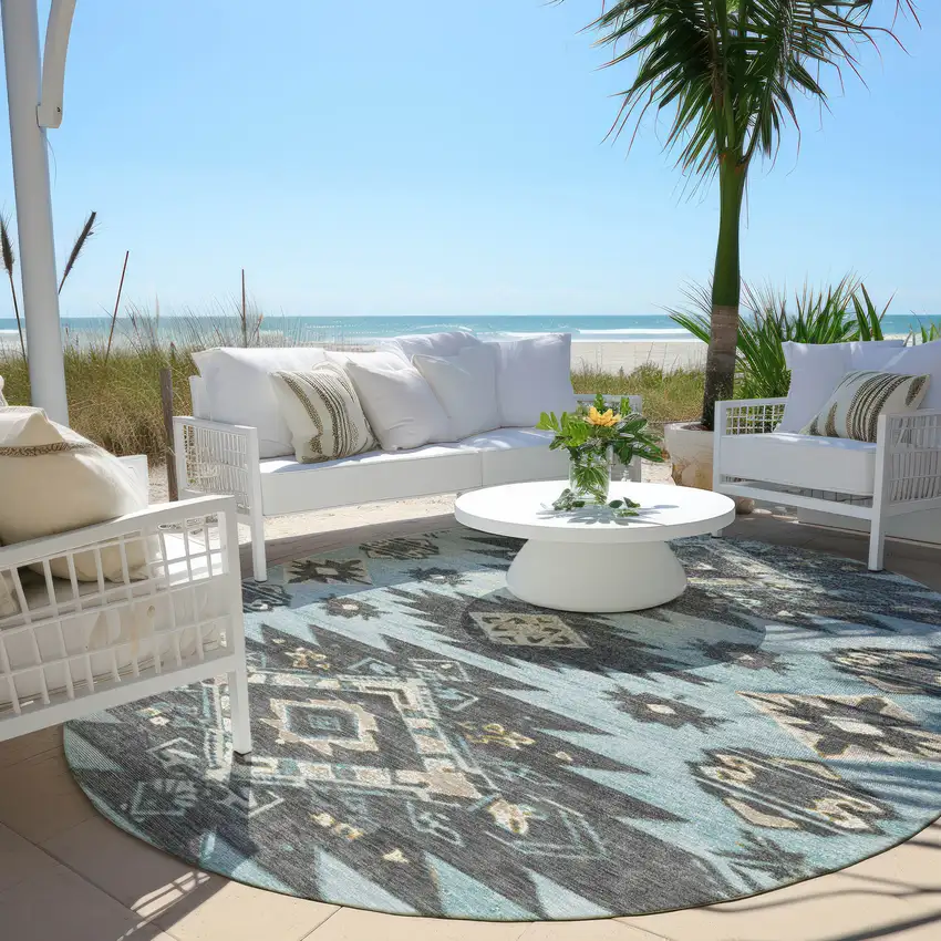 8' Teal Blue And Charcoal Round Tribal Washable Indoor Outdoor Area Rug Photo 5