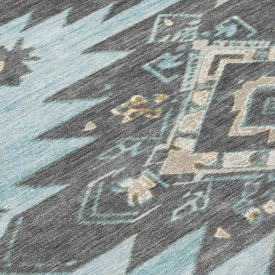 8' Teal Blue And Charcoal Round Tribal Washable Indoor Outdoor Area Rug Photo 9