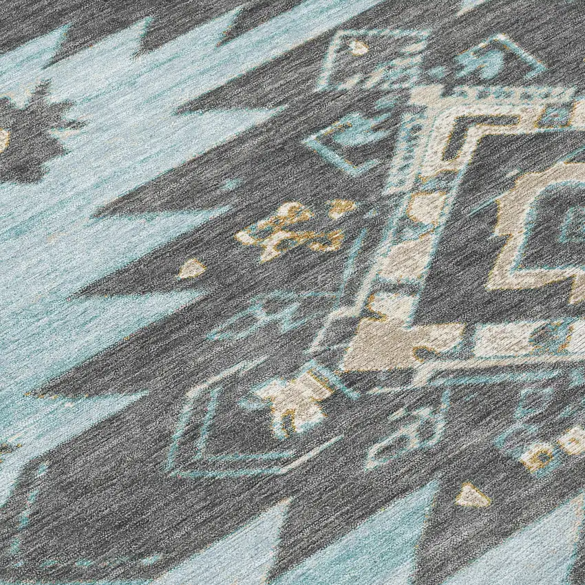 8' Teal Blue And Charcoal Round Tribal Washable Indoor Outdoor Area Rug Photo 9