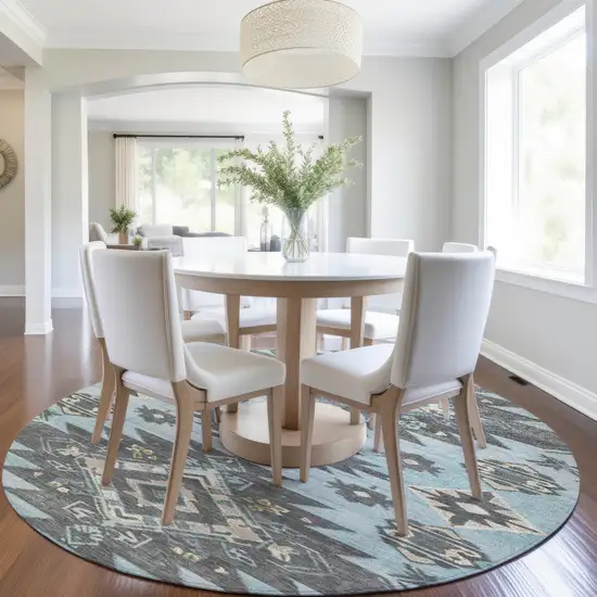 8' Teal Blue And Charcoal Round Tribal Washable Indoor Outdoor Area Rug Photo 6