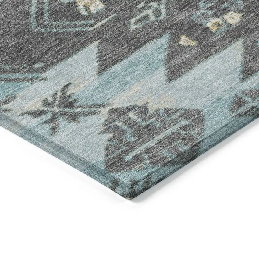 8' Teal Blue And Charcoal Round Tribal Washable Indoor Outdoor Area Rug Photo 7