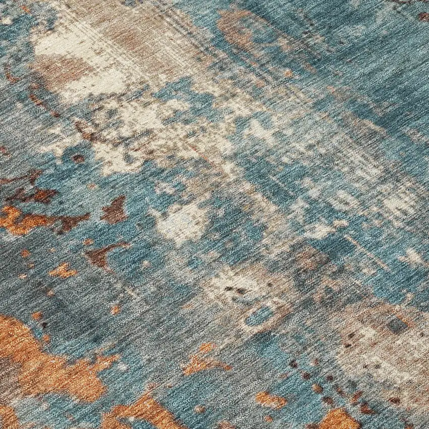8' Teal Blue And Copper Round Abstract Washable Indoor Outdoor Area Rug Photo 8