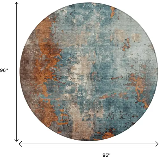 8' Teal Blue And Copper Round Abstract Washable Indoor Outdoor Area Rug Photo 9