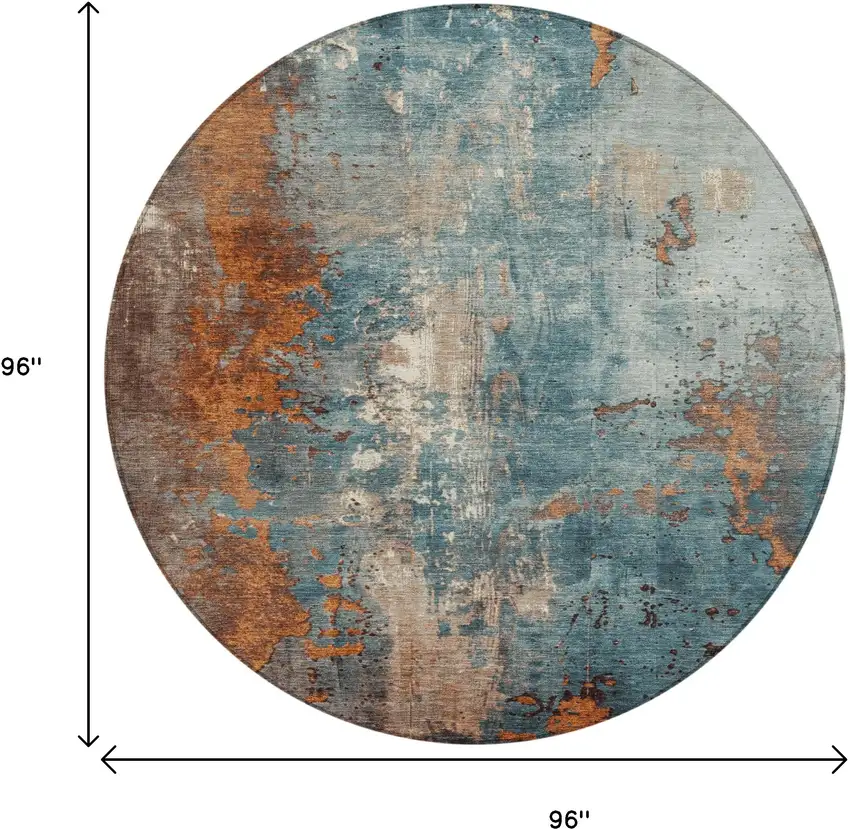 8' Teal Blue And Copper Round Abstract Washable Indoor Outdoor Area Rug Photo 9