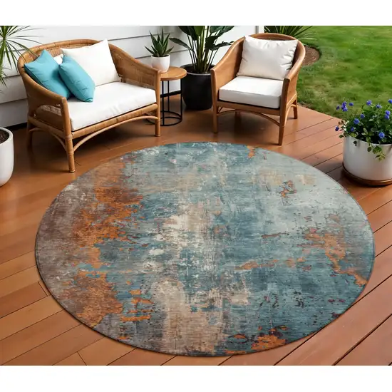 8' Teal Blue And Copper Round Abstract Washable Indoor Outdoor Area Rug Photo 2