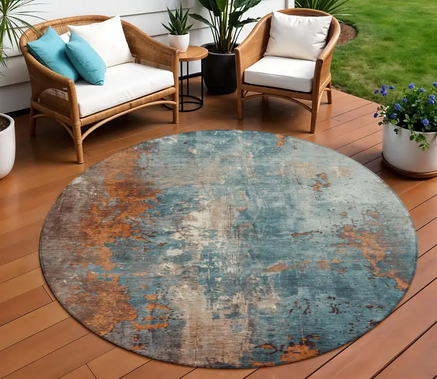 8' Teal Blue And Copper Round Abstract Washable Indoor Outdoor Area Rug Photo 2