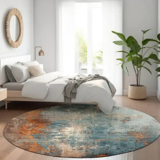 8' Teal Blue And Copper Round Abstract Washable Indoor Outdoor Area Rug Photo 6