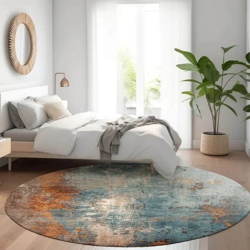 8' Teal Blue And Copper Round Abstract Washable Indoor Outdoor Area Rug Photo 6