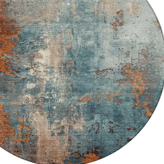 8' Teal Blue And Copper Round Abstract Washable Indoor Outdoor Area Rug Photo 9