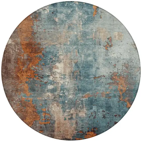 8' Teal Blue And Copper Round Abstract Washable Indoor Outdoor Area Rug Photo 3