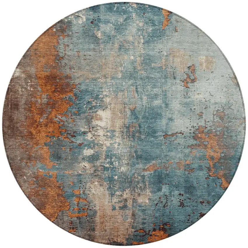 8' Teal Blue And Copper Round Abstract Washable Indoor Outdoor Area Rug Photo 3