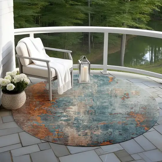 8' Teal Blue And Copper Round Abstract Washable Indoor Outdoor Area Rug Photo 5