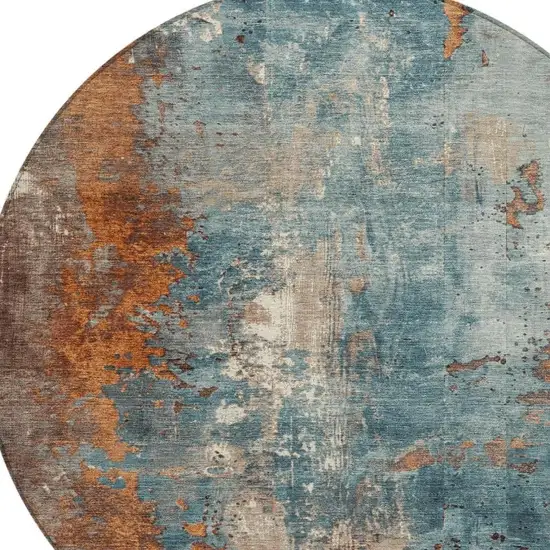 8' Teal Blue And Copper Round Abstract Washable Indoor Outdoor Area Rug Photo 4