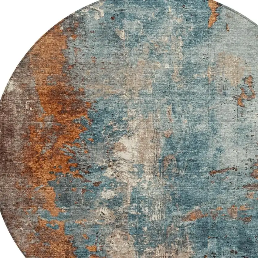 8' Teal Blue And Copper Round Abstract Washable Indoor Outdoor Area Rug Photo 4