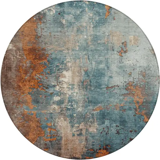 8' Teal Blue And Copper Round Abstract Washable Indoor Outdoor Area Rug Photo 1