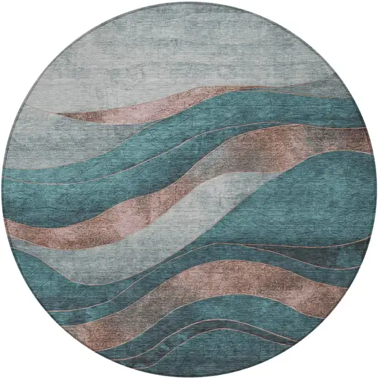 8' Teal Blue And Copper Round Abstract Washable Indoor Outdoor Area Rug Photo 4