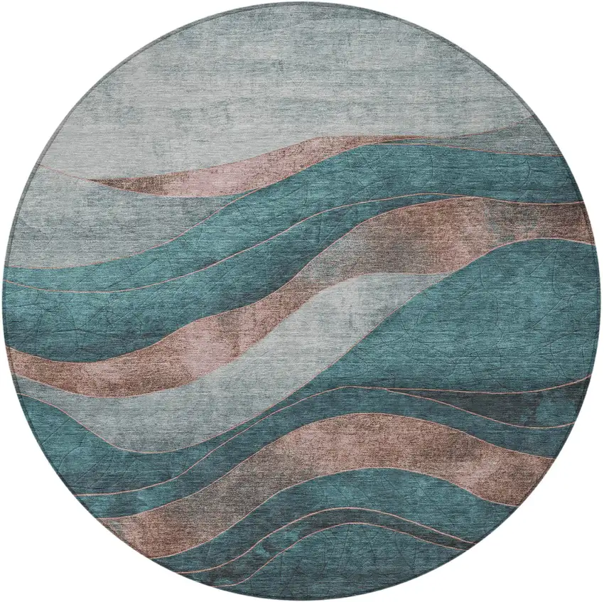 8' Teal Blue And Copper Round Abstract Washable Indoor Outdoor Area Rug Photo 4