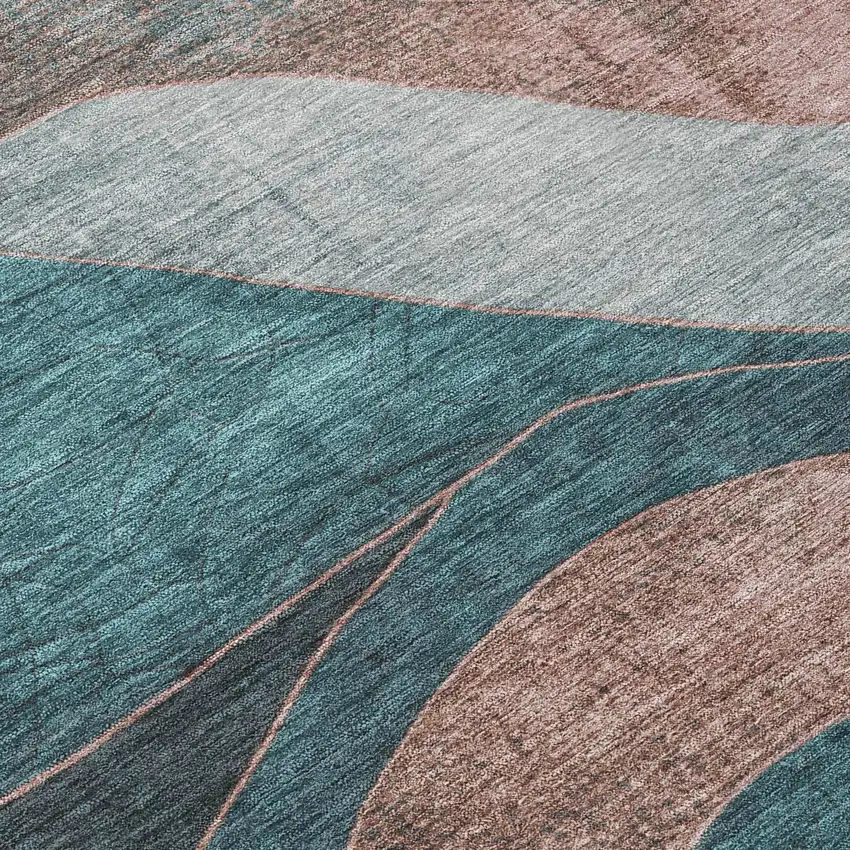 8' Teal Blue And Copper Round Abstract Washable Indoor Outdoor Area Rug Photo 9