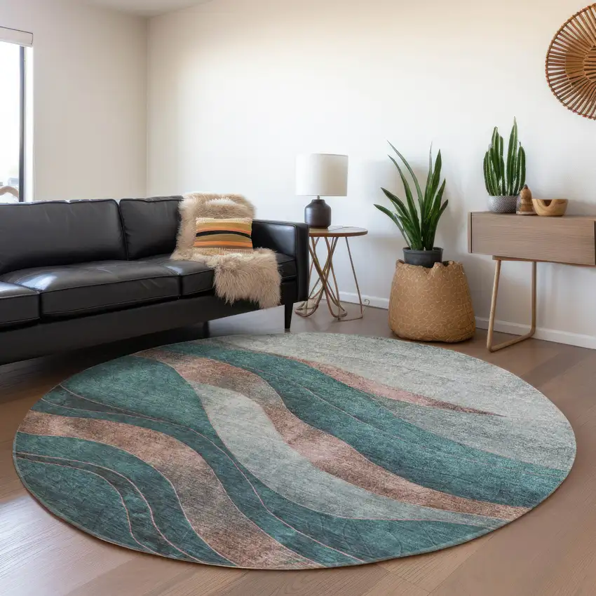 8' Teal Blue And Copper Round Abstract Washable Indoor Outdoor Area Rug Photo 6