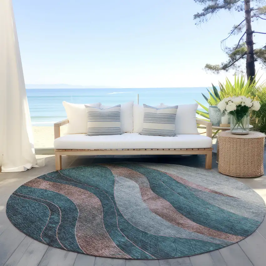 8' Teal Blue And Copper Round Abstract Washable Indoor Outdoor Area Rug Photo 5