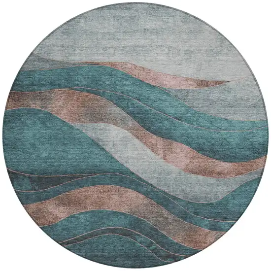 8' Teal Blue And Copper Round Abstract Washable Indoor Outdoor Area Rug Photo 3