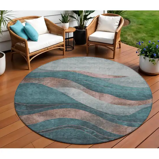 8' Teal Blue And Copper Round Abstract Washable Indoor Outdoor Area Rug Photo 2