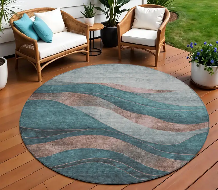 8' Teal Blue And Copper Round Abstract Washable Indoor Outdoor Area Rug Photo 2