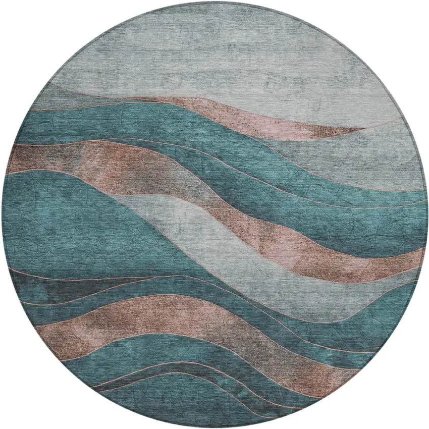 8' Teal Blue And Copper Round Abstract Washable Indoor Outdoor Area Rug Photo 1