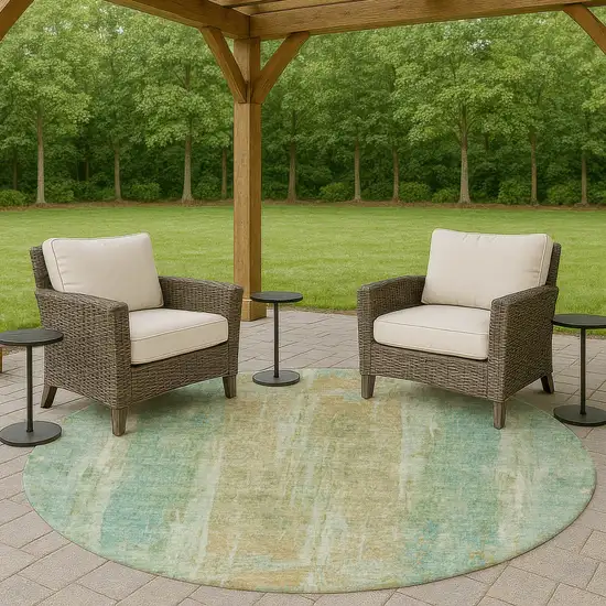 8' Teal Blue And Copper Round Abstract Washable Indoor Outdoor Area Rug Photo 8