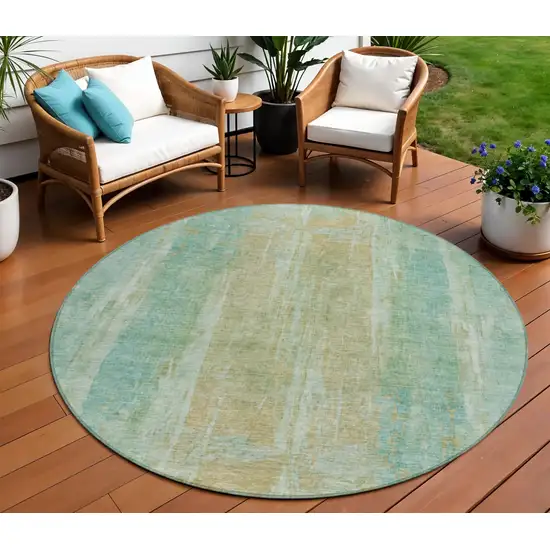 8' Teal Blue And Copper Round Abstract Washable Indoor Outdoor Area Rug Photo 1
