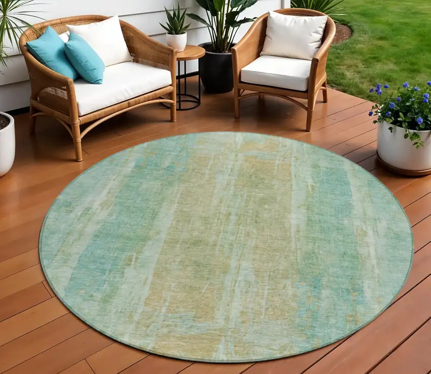 8' Teal Blue And Copper Round Abstract Washable Indoor Outdoor Area Rug Photo 1