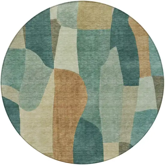 8' Teal Blue And Copper Round Abstract Washable Indoor Outdoor Area Rug Photo 2