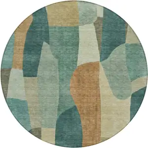 Photo of 8' Teal Blue And Copper Round Abstract Washable Indoor Outdoor Area Rug