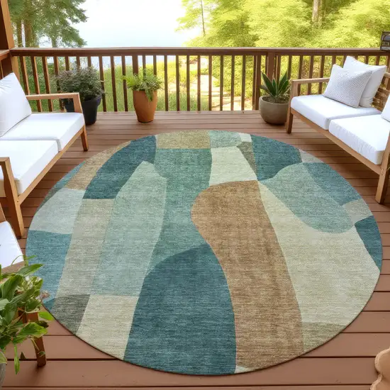 8' Teal Blue And Copper Round Abstract Washable Indoor Outdoor Area Rug Photo 3