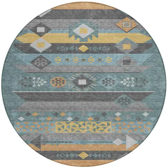8' Teal Blue And Copper Round Geometric Washable Indoor Outdoor Area Rug Photo 2