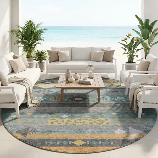 8' Teal Blue And Copper Round Geometric Washable Indoor Outdoor Area Rug Photo 1