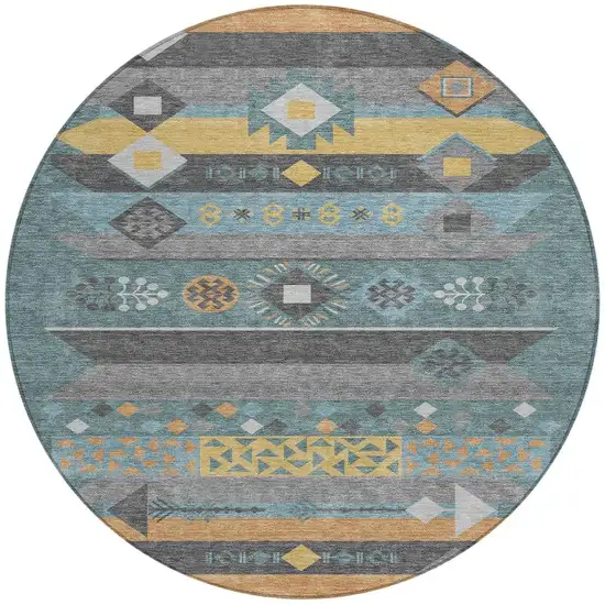 8' Teal Blue And Copper Round Geometric Washable Indoor Outdoor Area Rug Photo 4