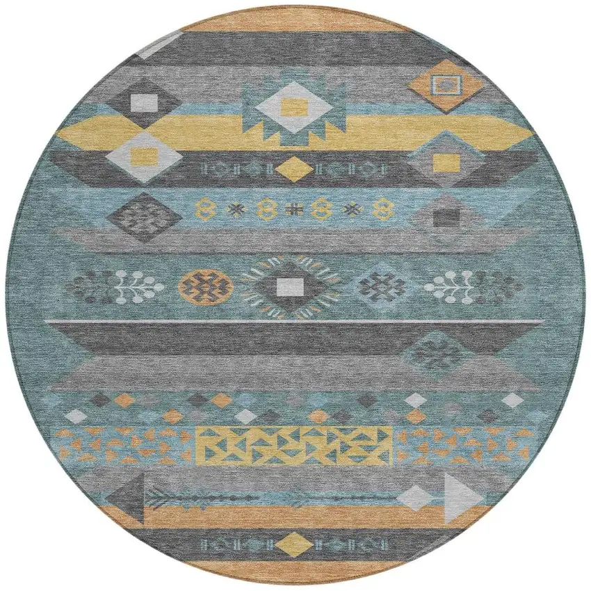 8' Teal Blue And Copper Round Geometric Washable Indoor Outdoor Area Rug Photo 4