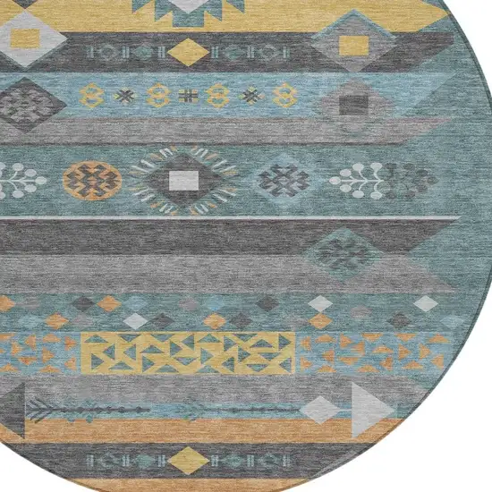 8' Teal Blue And Copper Round Geometric Washable Indoor Outdoor Area Rug Photo 3