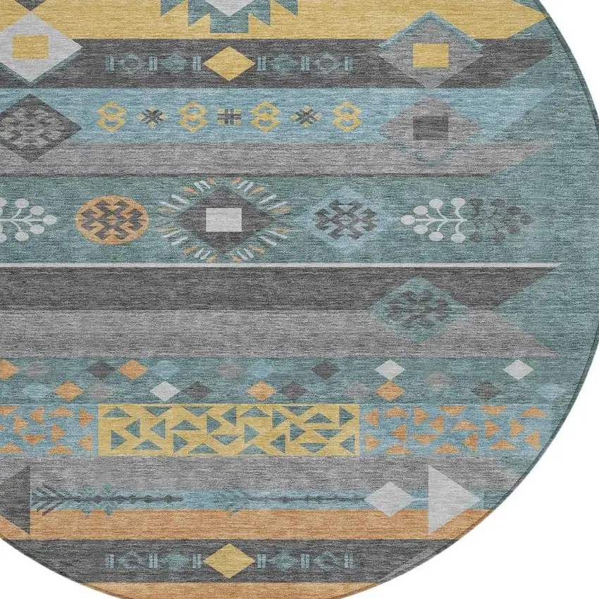 8' Teal Blue And Copper Round Geometric Washable Indoor Outdoor Area Rug Photo 3