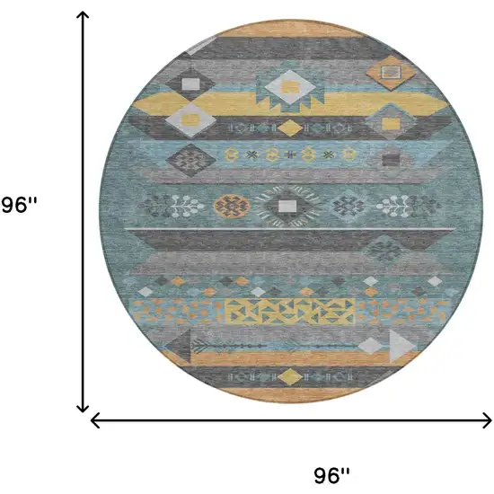 8' Teal Blue And Copper Round Geometric Washable Indoor Outdoor Area Rug Photo 7